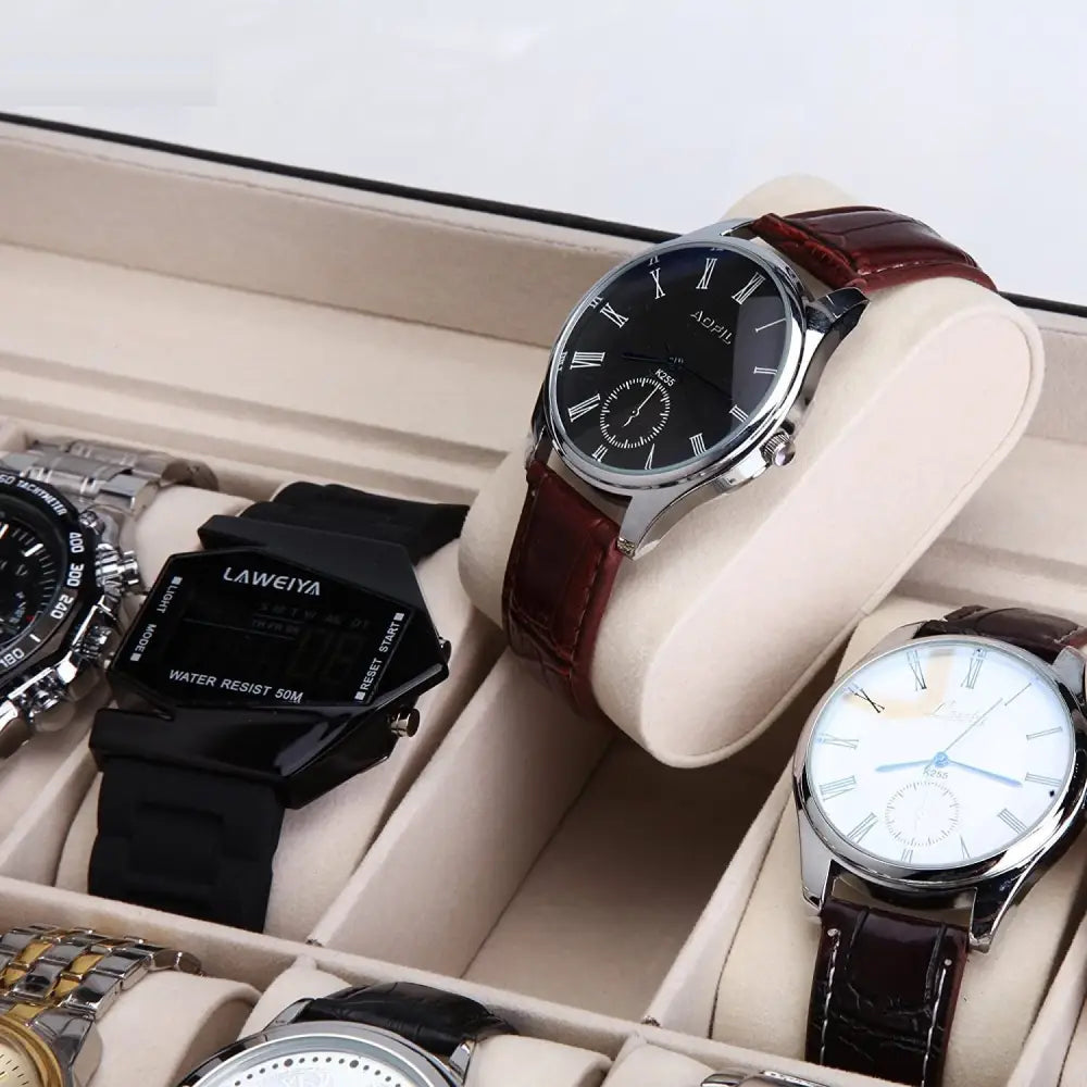 Black PU Leather Watch Organizer Display Storage Box Cases for Men & Women (12 slots) - Home & Garden > Storage