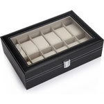 Black PU Leather Watch Organizer Display Storage Box Cases for Men & Women (12 slots) - Home & Garden > Storage