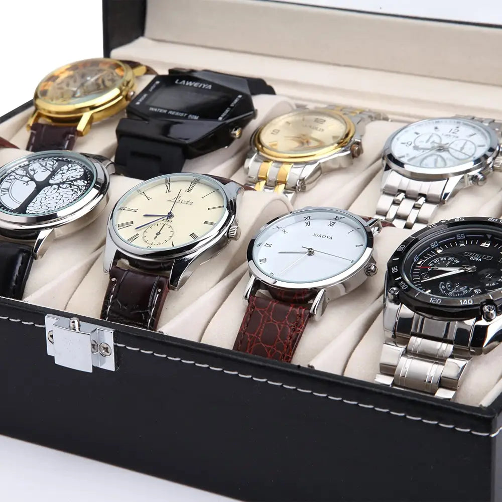 Black PU Leather Watch Organizer Display Storage Box Cases for Men & Women (10 slots) - Home & Garden > Storage
