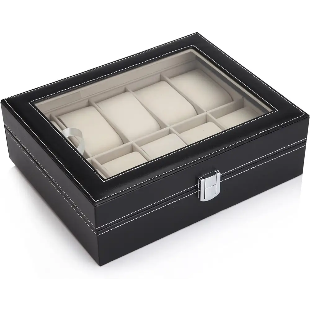 Black PU Leather Watch Organizer Display Storage Box Cases for Men & Women (10 slots) - Home & Garden > Storage