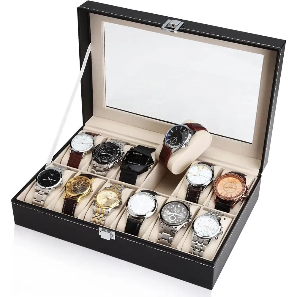 Black PU Leather Watch Organizer Display Storage Box Cases for Men & Women (12 slots) - Home & Garden > Storage