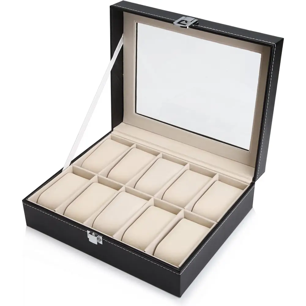 Black PU Leather Watch Organizer Display Storage Box Cases for Men & Women (10 slots) - Home & Garden > Storage