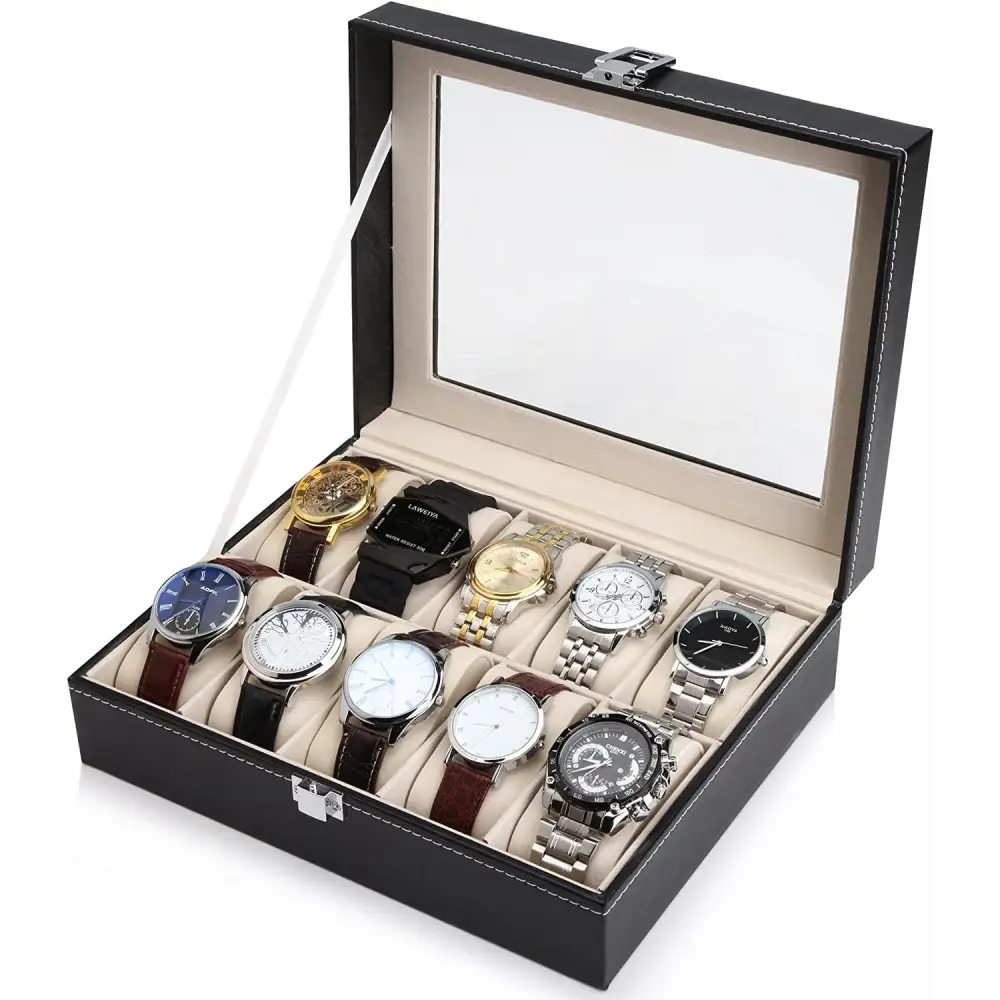Black PU Leather Watch Organizer Display Storage Box Cases for Men & Women (10 slots) - Home & Garden > Storage