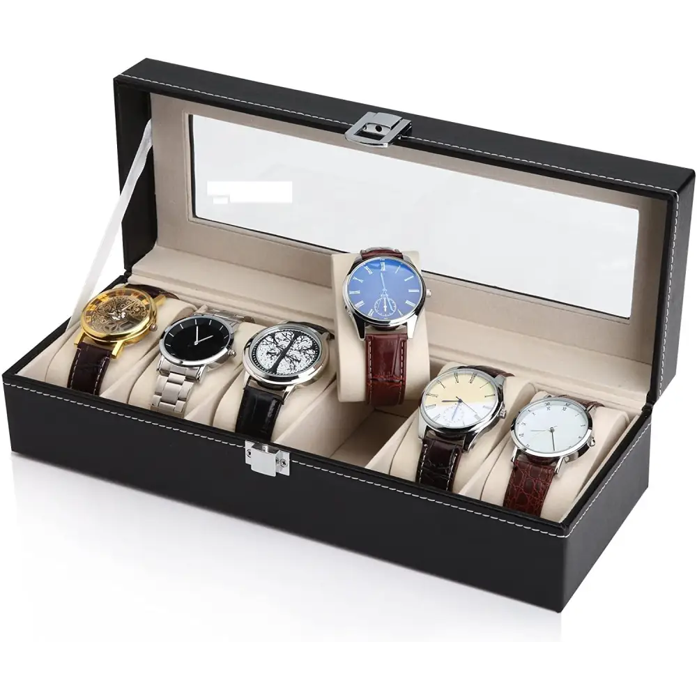 Black PU Leather Watch Organizer Display Storage Box Cases for Men & Women (6 slots) - Home & Garden > Storage