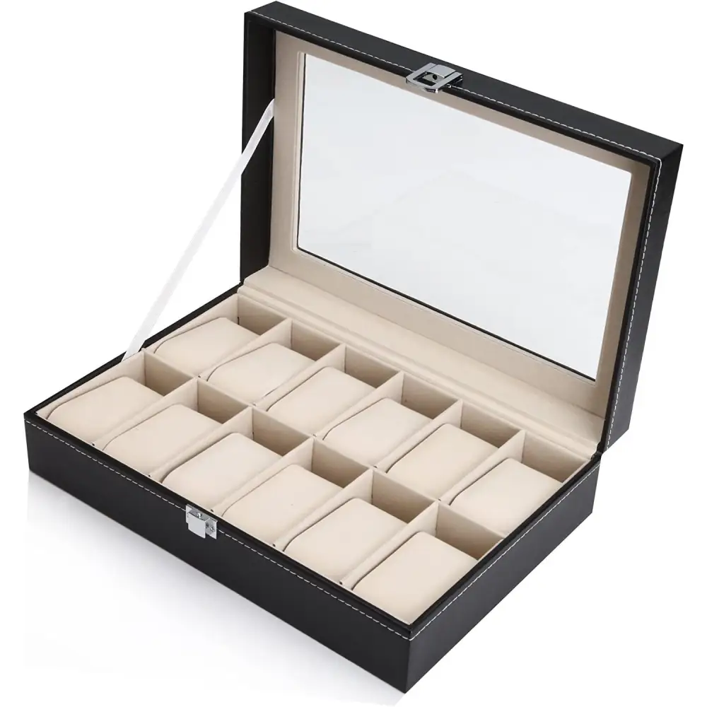 Black PU Leather Watch Organizer Display Storage Box Cases for Men & Women (12 slots) - Home & Garden > Storage