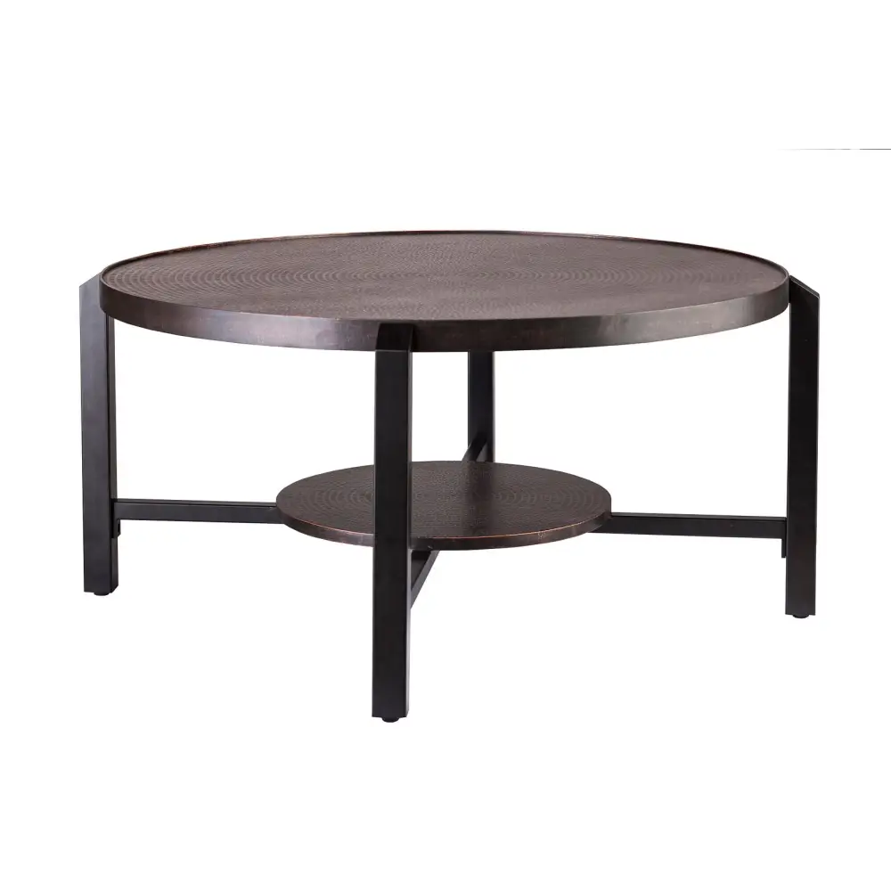 Black Round Coffee Table with Storage Shelf in Copper Finish Top - Furniture > Living Room