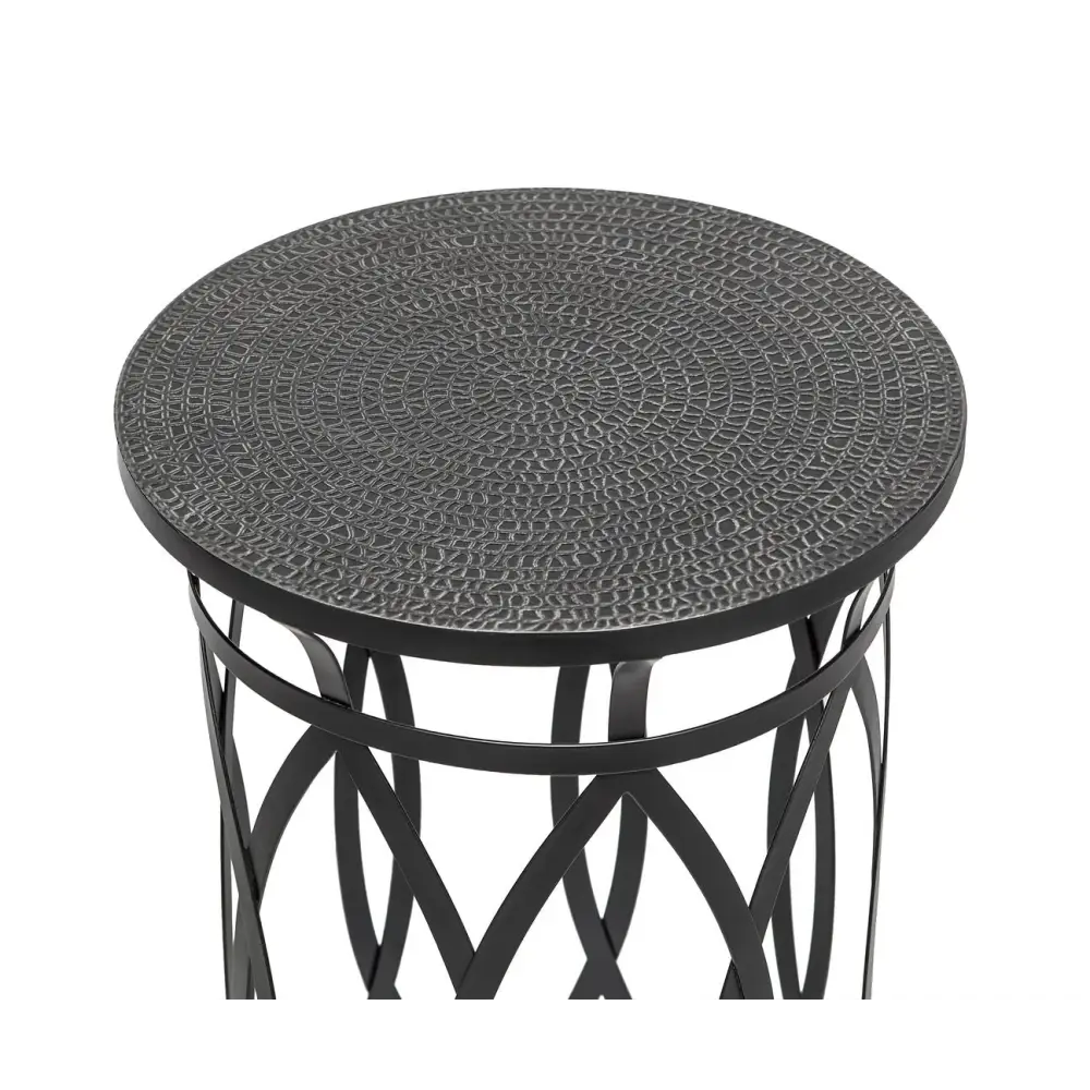 Black Round Iron Side Table with Cross Legs and Silver Finish Top - Furniture > Living Room