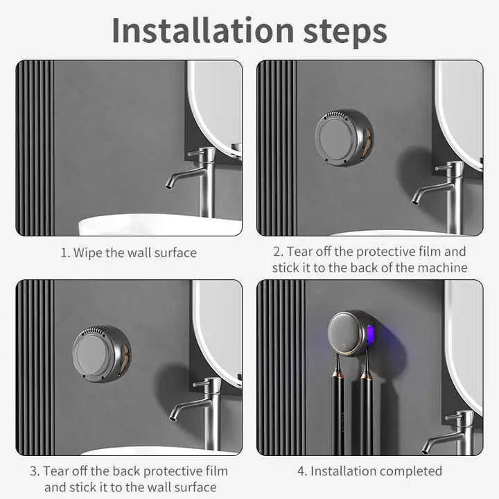 Black Round UV-C Toothbrush Sterilizer Holder with Drying Function – Dual-Slot Wall-Mounted Design USB Rechargeable
