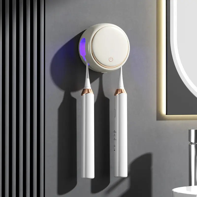 Black Round UV-C Toothbrush Sterilizer Holder with Drying Function - Dual-Slot Wall-Mounted Design USB Rechargeable