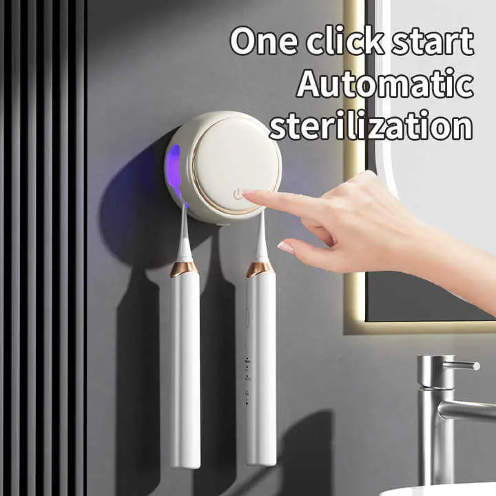 Black Round UV-C Toothbrush Sterilizer Holder with Drying Function – Dual-Slot Wall-Mounted Design USB Rechargeable