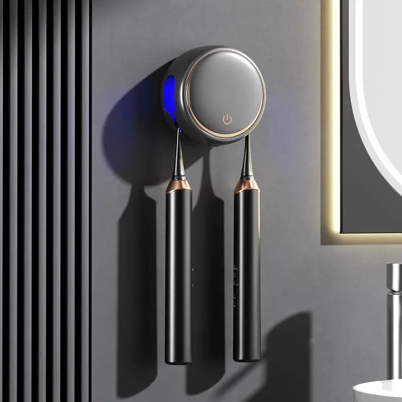 Black Round UV-C Toothbrush Sterilizer Holder with Drying Function – Dual-Slot Wall-Mounted Design USB Rechargeable
