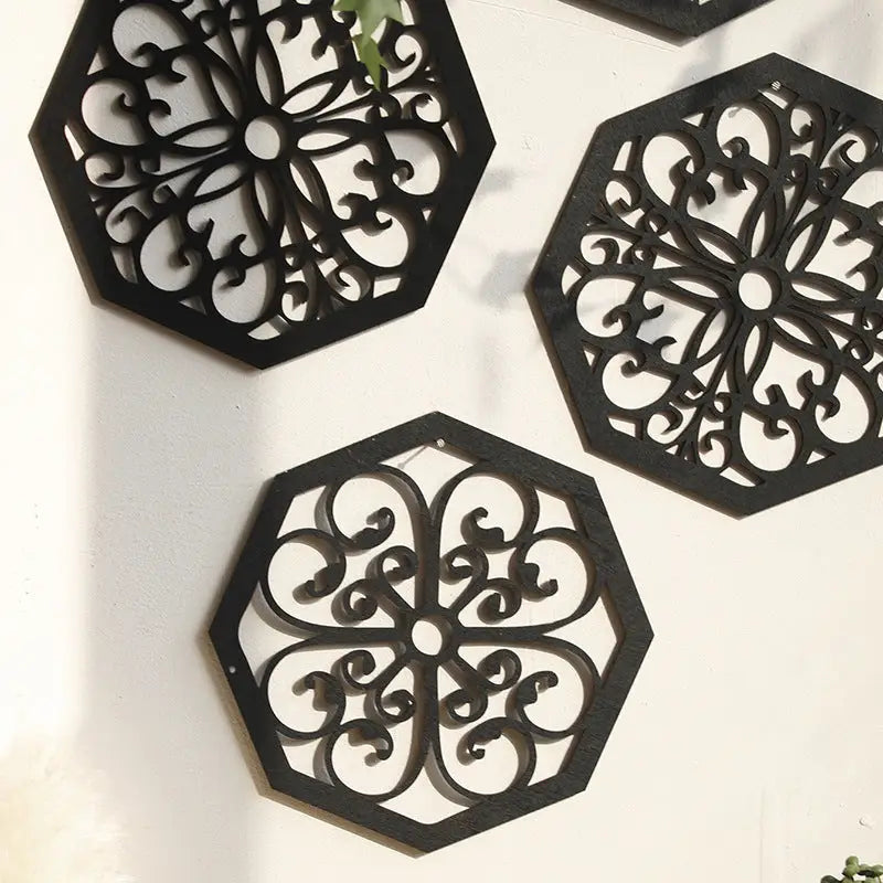 Black Set of 4 Intricate Wooden Octagonal Wall Art - European Style Mandala Decor Plaques - Home & Garden > Decor >