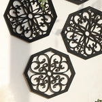 Black Set of 4 Intricate Wooden Octagonal Wall Art - European Style Mandala Decor Plaques - Home & Garden > Decor >