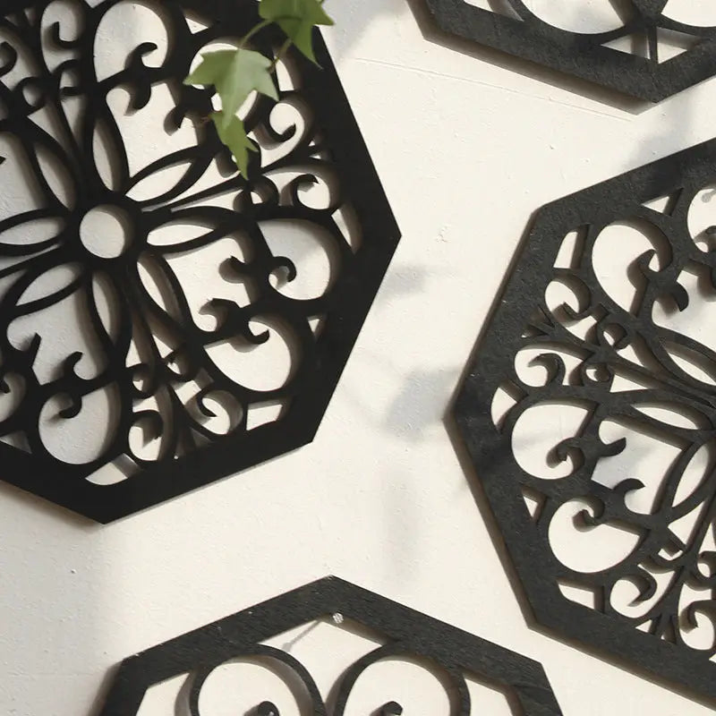 Black Set of 4 Intricate Wooden Octagonal Wall Art - European Style Mandala Decor Plaques - Home & Garden > Decor >