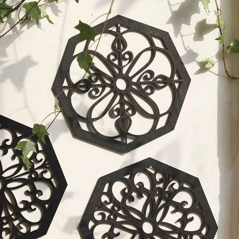 Black Set of 4 Intricate Wooden Octagonal Wall Art - European Style Mandala Decor Plaques - Home & Garden > Decor >
