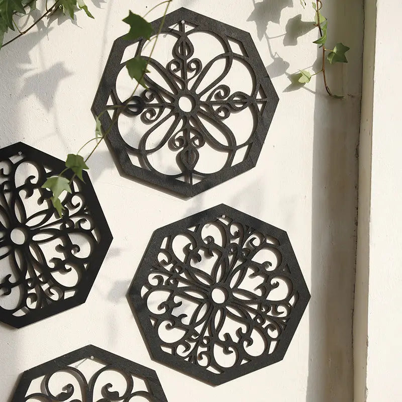 Black Set of 4 Intricate Wooden Octagonal Wall Art - European Style Mandala Decor Plaques - Home & Garden > Decor >