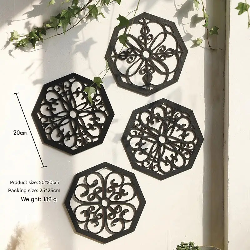 Black Set of 4 Intricate Wooden Octagonal Wall Art - European Style Mandala Decor Plaques - Home & Garden > Decor >