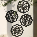 Black Set of 4 Intricate Wooden Octagonal Wall Art - European Style Mandala Decor Plaques - Home & Garden > Decor >