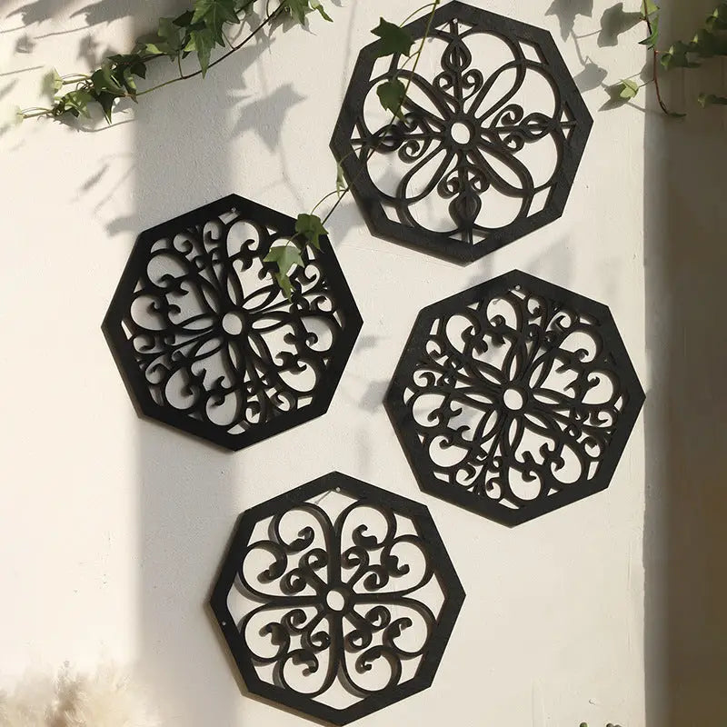 Black Set of 4 Intricate Wooden Octagonal Wall Art - European Style Mandala Decor Plaques - Home & Garden > Decor >