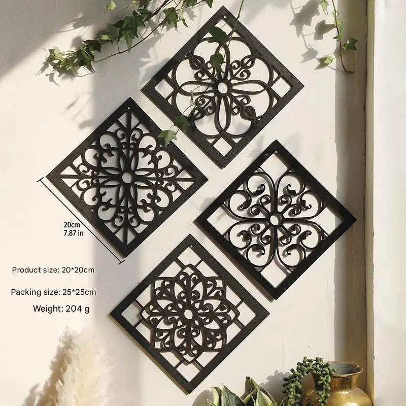 Black Set of 4 Intricate Black Wooden Wall Art Panels - Diamond Mandala Style Home Decor Plaques - Home & Garden >