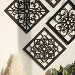 Black Set of 4 Intricate Black Wooden Wall Art Panels - Diamond Mandala Style Home Decor Plaques - Home & Garden >
