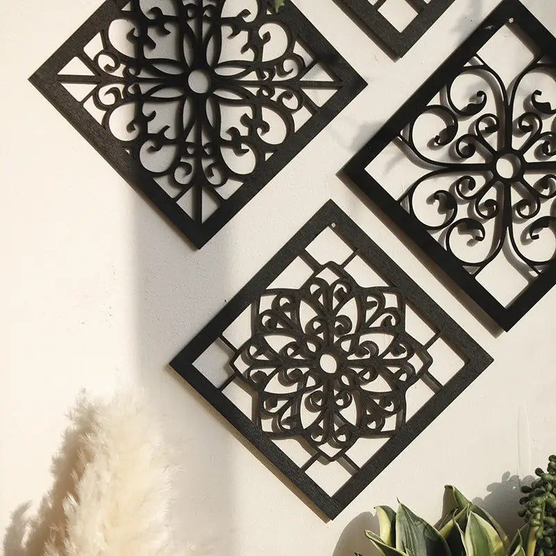 Black Set of 4 Intricate Black Wooden Wall Art Panels - Diamond Mandala Style Home Decor Plaques - Home & Garden >