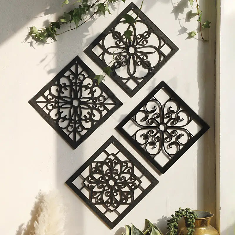 Black Set of 4 Intricate Black Wooden Wall Art Panels - Diamond Mandala Style Home Decor Plaques - Home & Garden >