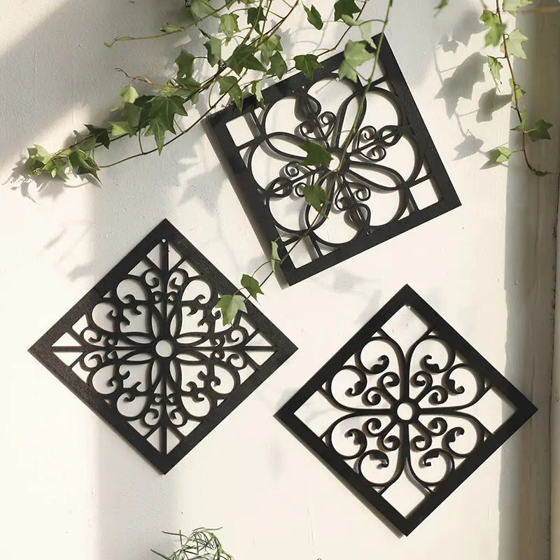 Black Set of 4 Intricate Black Wooden Wall Art Panels - Diamond Mandala Style Home Decor Plaques - Home & Garden >