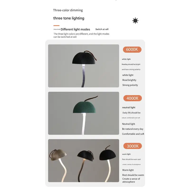 Black Sleek Minimalist LED Mushroom Table Lamp - Rechargeable 3-Color Touch Control Bar & Ambient Light - Home & Garden