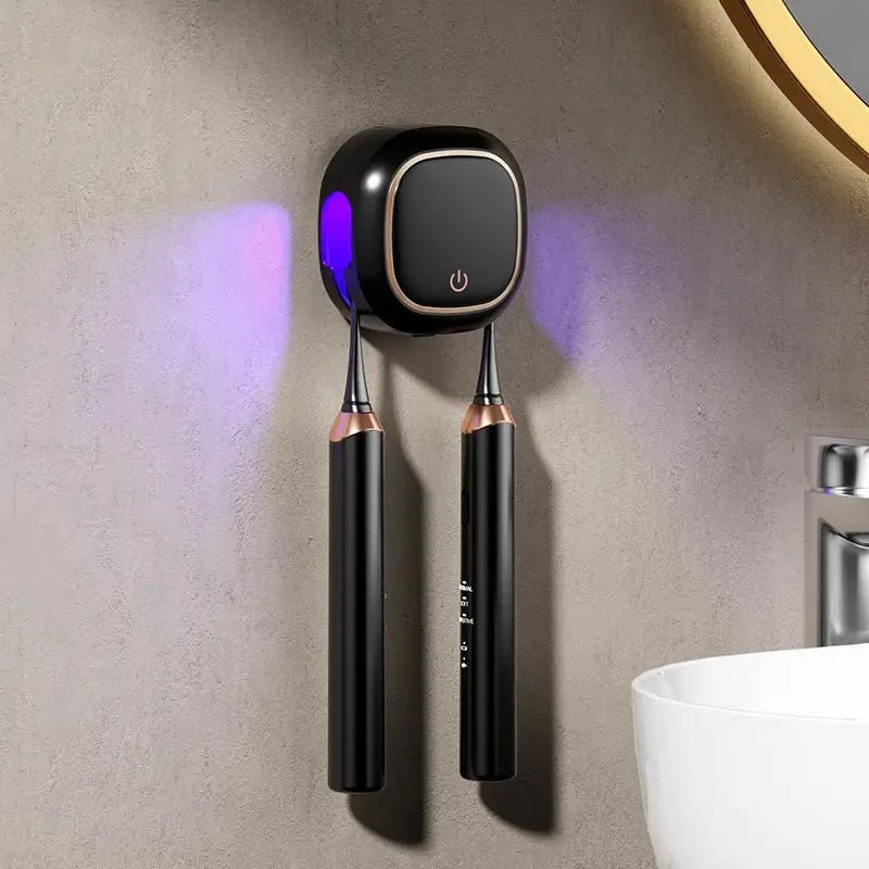 Black Square UV-C Toothbrush Sterilizer Holder with Drying Function - Dual-Slot Wall-Mounted Design USB Rechargeable