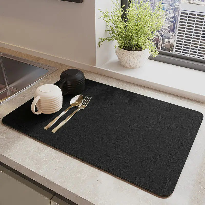 Black Waterproof Quick-Dry Kitchen Mat - Non-Slip Rubber Base Absorbent Technology Fabric 4mm Thick - Home & Garden >