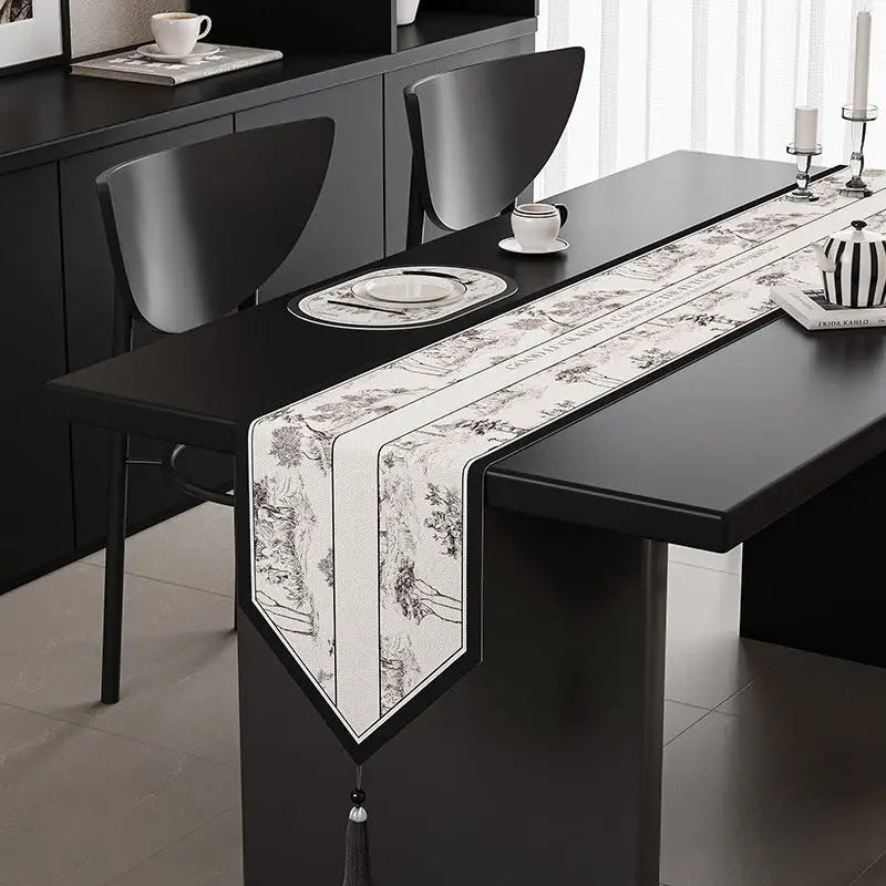 Black-white Elegant Green Botanical Table Runner with Tassels - 30x180cm - Furniture > Dining > Dining Set