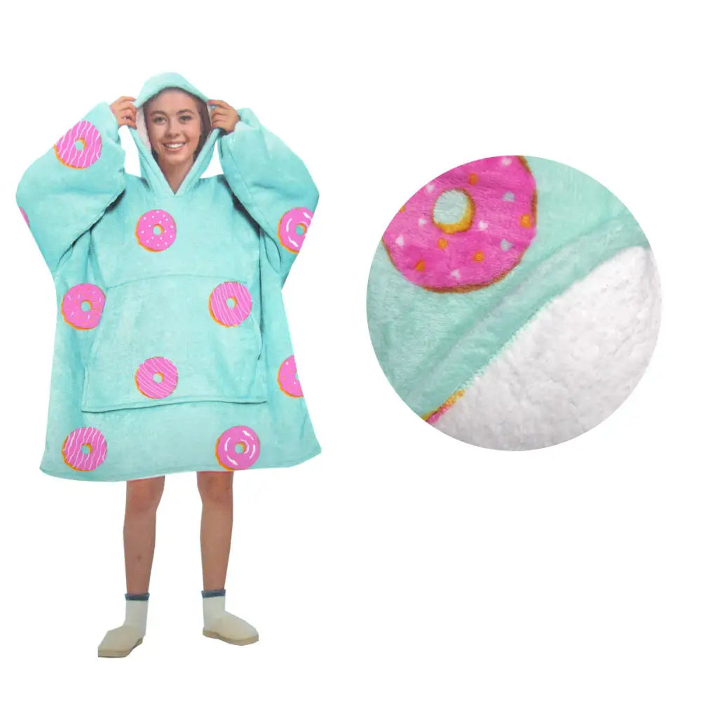 Blanket Hoodie with Sherpa Reverse Aqua Donuts - Home & Garden > Bedding