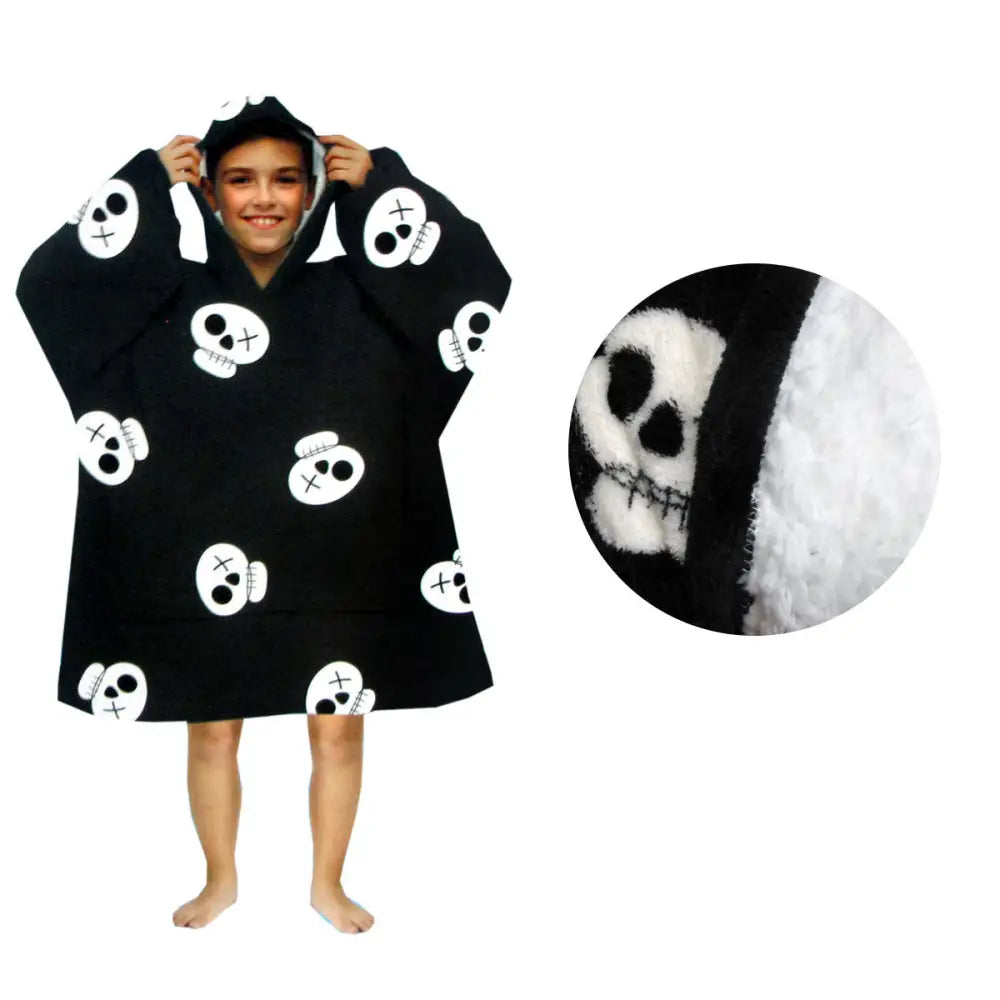 Blanket Hoodie with Sherpa Reverse Black Pirate Skulls - Home & Garden > Bedding