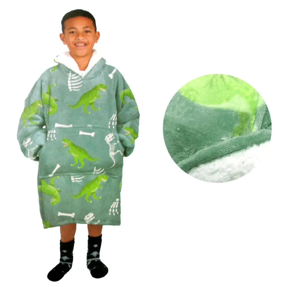 Blanket Hoodie with Sherpa Reverse Green Dinosaur - Home & Garden > Bedding