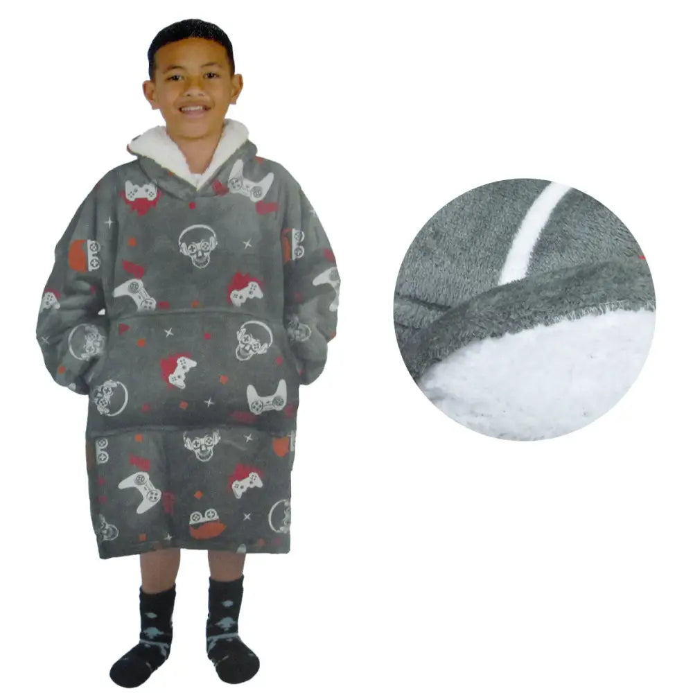 Blanket Hoodie with Sherpa Reverse Grey Gamers - Home & Garden > Bedding