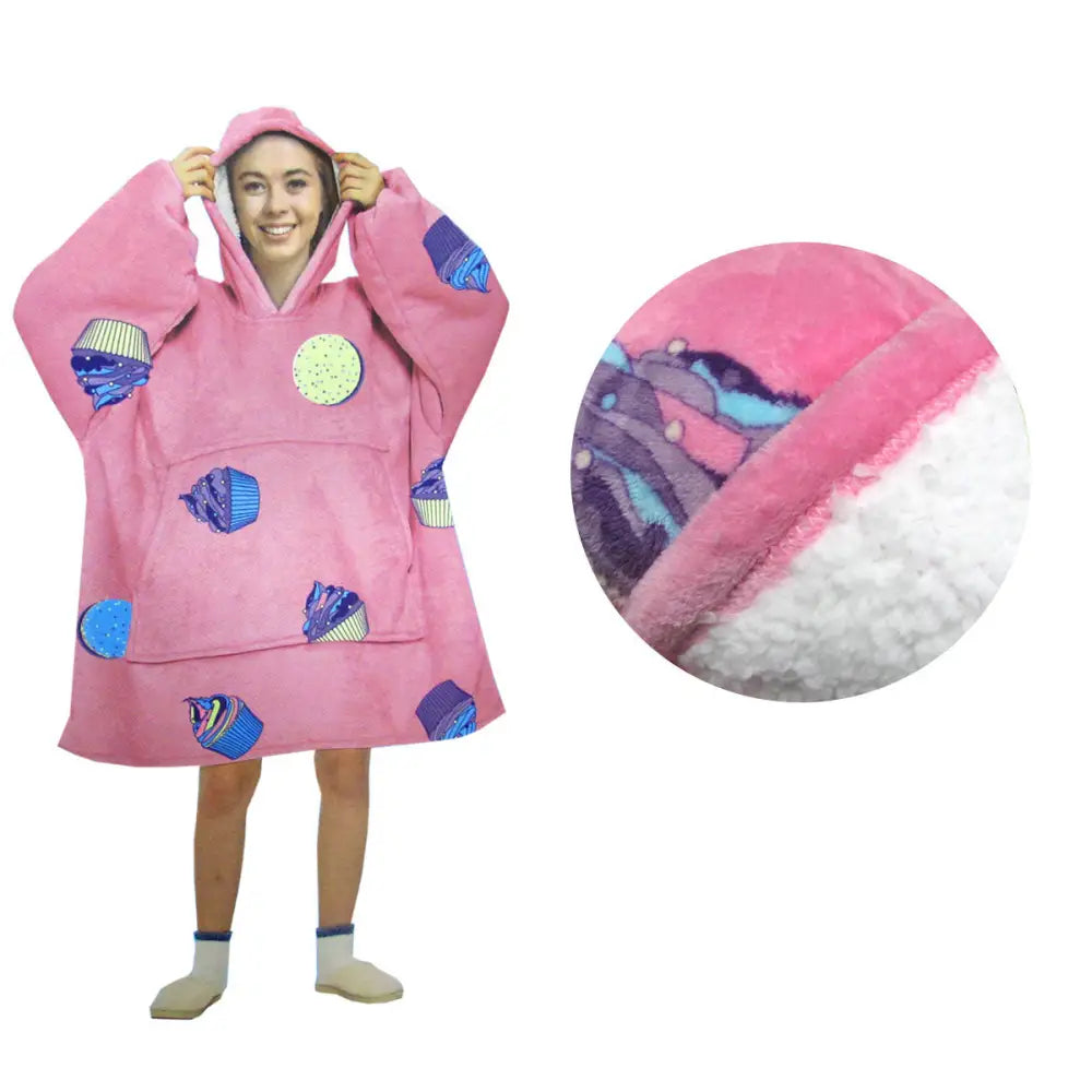 Blanket Hoodie with Sherpa Reverse Pink Cupcakes - Home & Garden > Bedding