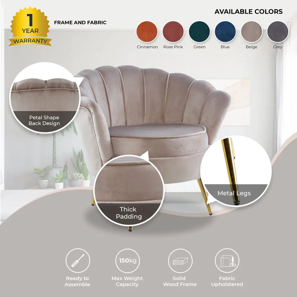 Bloomer Velvet Fabric Accent Sofa Love Chair - Beige - Furniture > Sofas