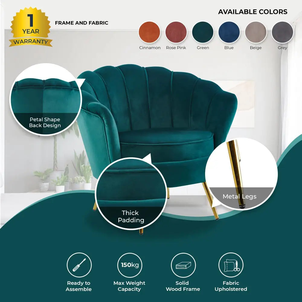 Bloomer Velvet Fabric Accent Sofa Love Chair - Green - Furniture > Sofas