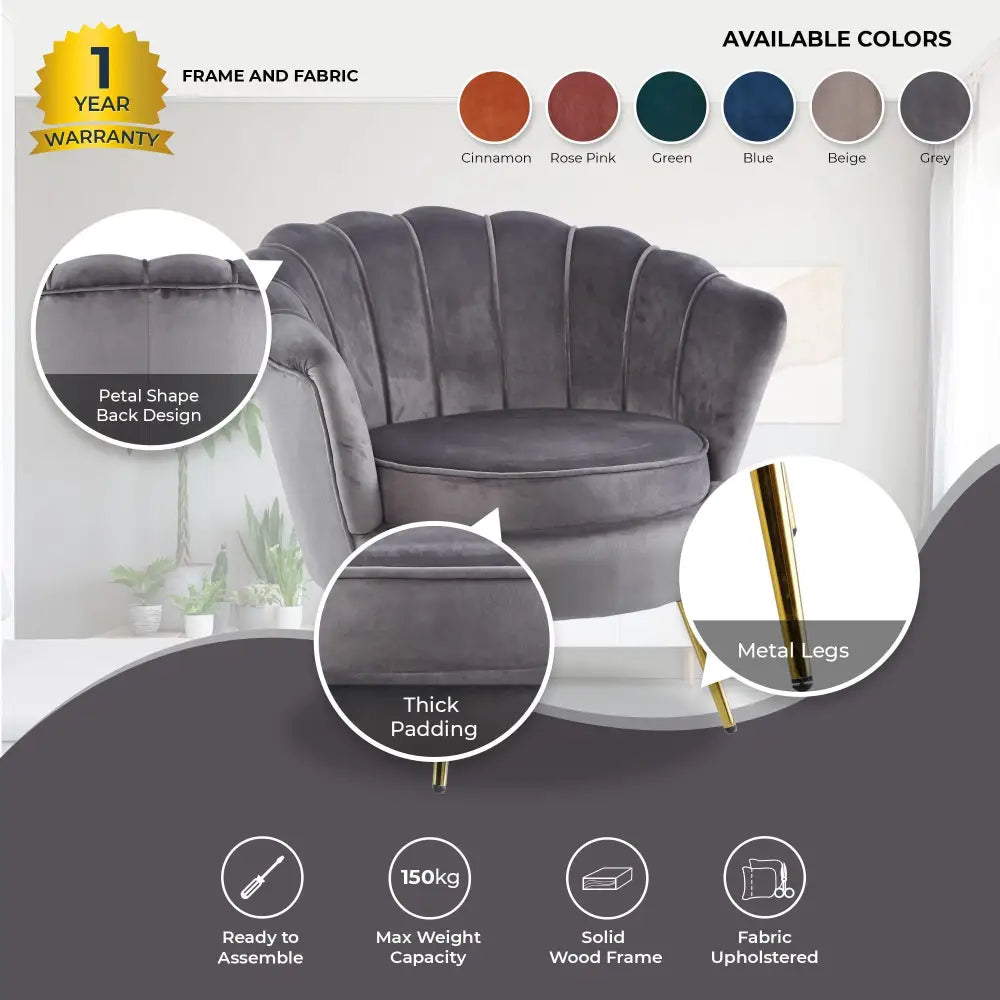 Bloomer Velvet Fabric Accent Sofa Love Chair - Grey - Furniture > Sofas