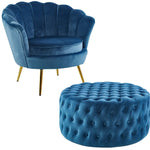 Bloomer Velvet Fabric Accent Sofa Love Chair Round Ottoman Set - Blue - Furniture > Bar Stools & Chairs > Arm Chairs &