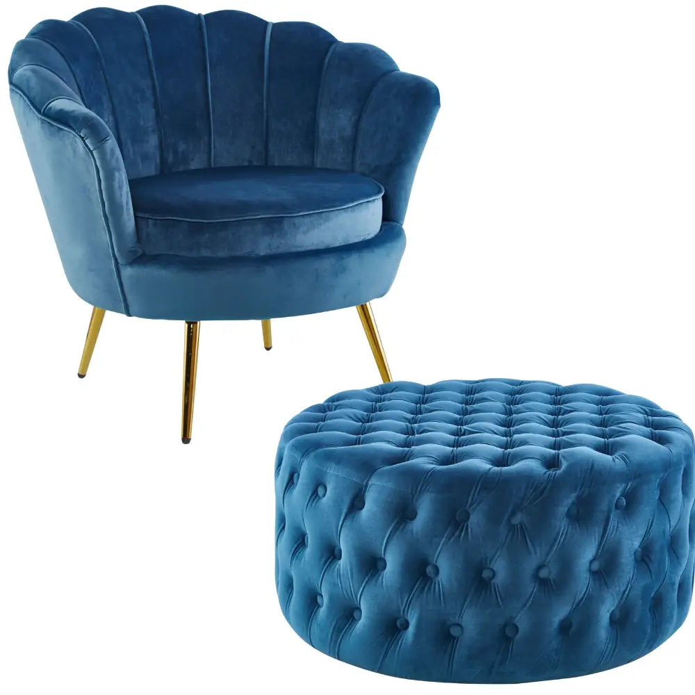 Bloomer Velvet Fabric Accent Sofa Love Chair Round Ottoman Set - Blue - Furniture > Bar Stools & Chairs > Arm Chairs &