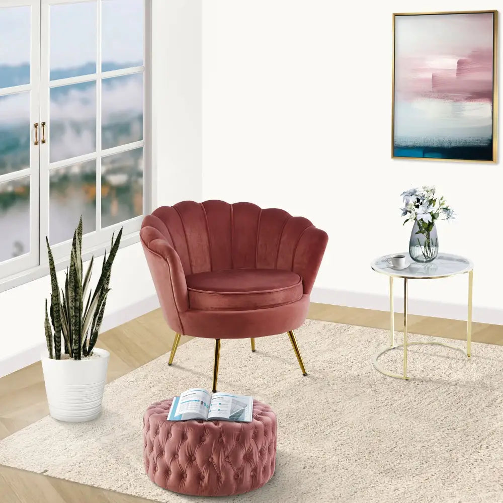 Bloomer Velvet Fabric Accent Sofa Love Chair Round Ottoman Set - Rose Pink - Furniture > Bar Stools & Chairs > Arm