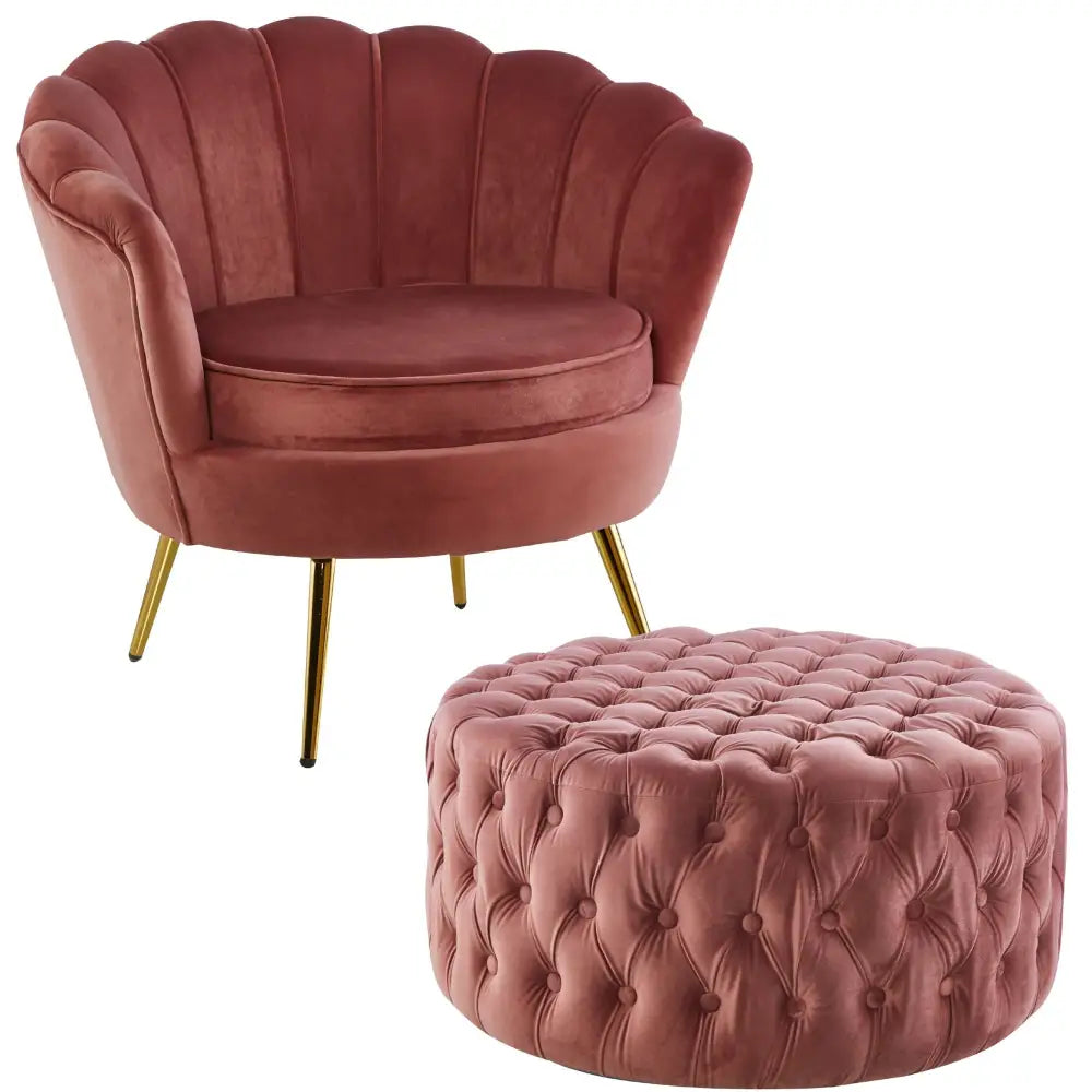 Bloomer Velvet Fabric Accent Sofa Love Chair Round Ottoman Set - Rose Pink - Furniture > Bar Stools & Chairs > Arm