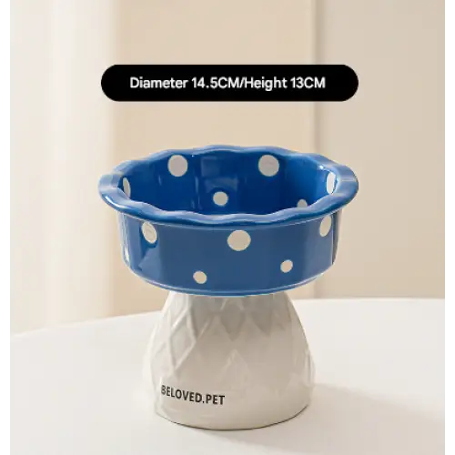 Blue Adorable Mushroom Ceramic Elevated Cat Bowl - Anti-Vomiting & Spine Protecting Pet Feeder with Polka Dots - Pet