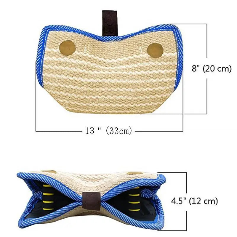 Blue and Khaki Heavy Duty Jute Dog Bite Pillow - Professional Training Tug Toy with 3 Handles for Schutzhund K9 Agility