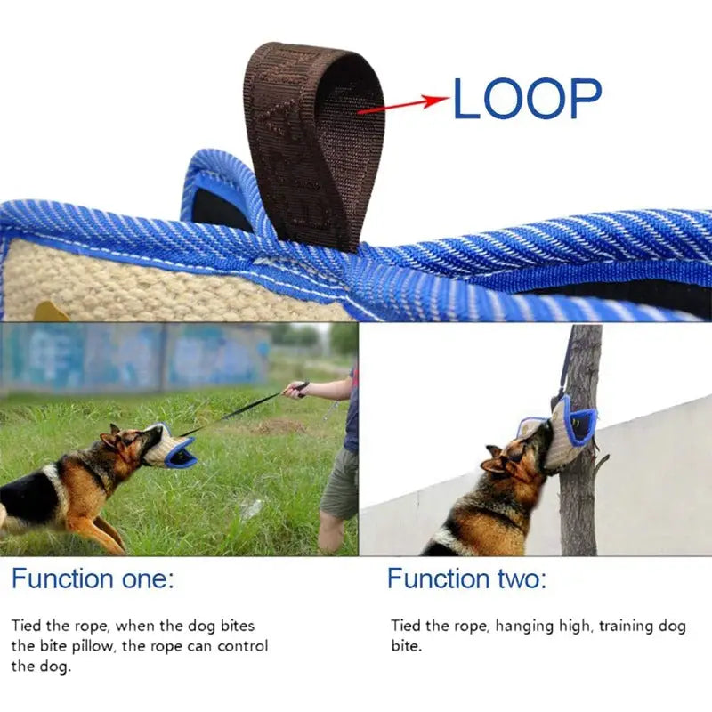 Blue and Khaki Heavy Duty Jute Dog Bite Pillow - Professional Training Tug Toy with 3 Handles for Schutzhund K9 Agility