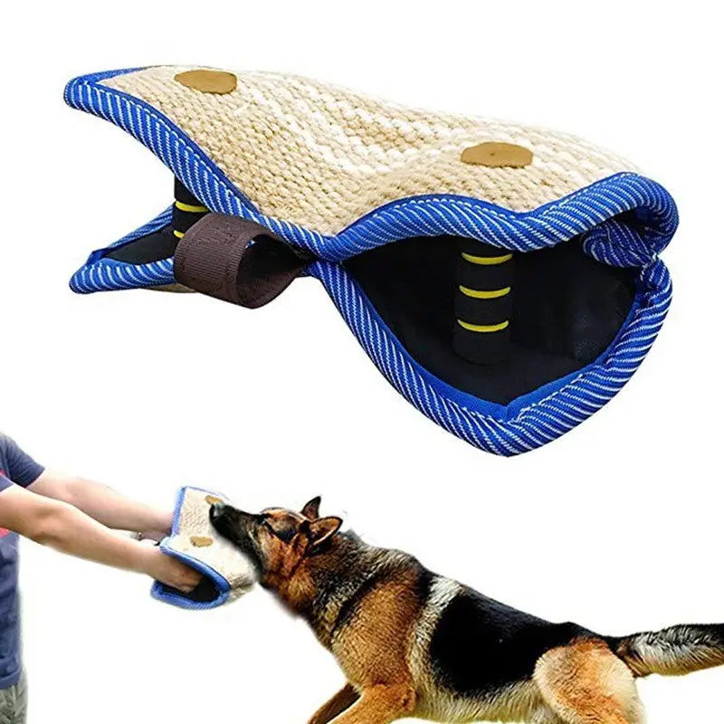 Blue and Khaki Heavy Duty Jute Dog Bite Pillow - Professional Training Tug Toy with 3 Handles for Schutzhund K9 Agility