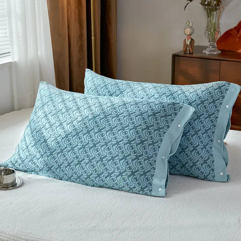 Blue B pattern Snap-On Cotton Gauze Pillowcase Set - Full Coverage Non-Slip Easy Closure (One pair without pillow core)
