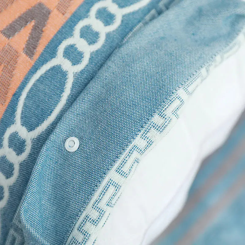 Blue B pattern Snap-On Cotton Gauze Pillowcase Set - Full Coverage Non-Slip Easy Closure (One pair without pillow core)